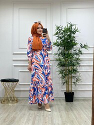6300 BAHAR ELBİSE K60 TURUNCU BEYAZ - Thumbnail