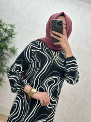 6360 DEFNE DALGALI DESEN ELBİSE K75 SİYAH - Thumbnail