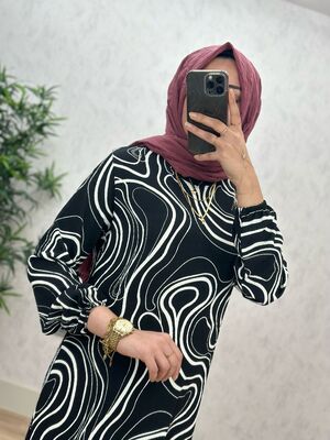6360 DEFNE DALGALI DESEN ELBİSE K75 SİYAH