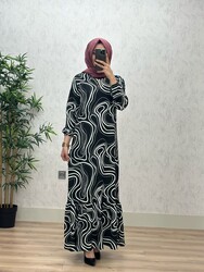 6360 DEFNE DALGALI DESEN ELBİSE K75 SİYAH - Thumbnail