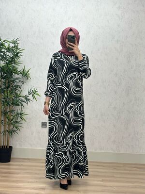 6360 DEFNE DALGALI DESEN ELBİSE K75 SİYAH