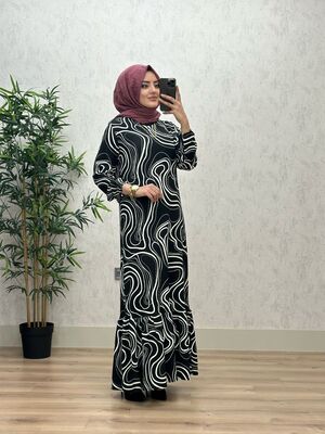 6360 DEFNE DALGALI DESEN ELBİSE K75 SİYAH