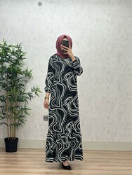 6360 DEFNE DALGALI DESEN ELBİSE K75 SİYAH - Thumbnail