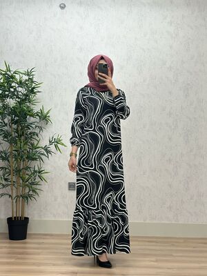 6360 DEFNE DALGALI DESEN ELBİSE K75 SİYAH