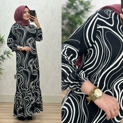 AZZE BUTİK - 6360 DEFNE DALGALI DESEN ELBİSE K75 SİYAH