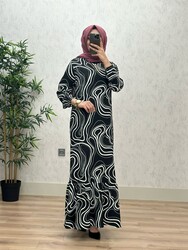 6360 DEFNE DALGALI DESEN ELBİSE K75 SİYAH - Thumbnail