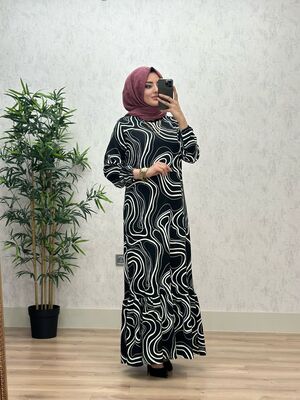 6360 DEFNE DALGALI DESEN ELBİSE K75 SİYAH