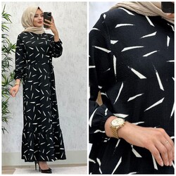 AZZE BUTİK - 6330 IRMAK ÇİZGİ DESEN ELBİSE K50 SİYAH