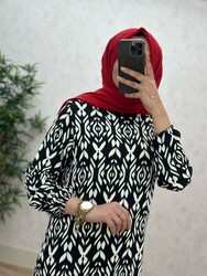 6350 IRMAK ETNİK DESEN ELBİSE K75 SİYAH - Thumbnail