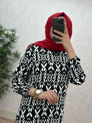 6350 IRMAK ETNİK DESEN ELBİSE K75 SİYAH
