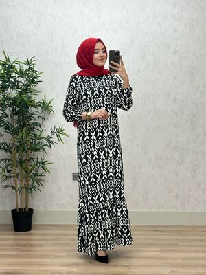 6350 IRMAK ETNİK DESEN ELBİSE K75 SİYAH
