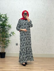 6350 IRMAK ETNİK DESEN ELBİSE K75 SİYAH - Thumbnail