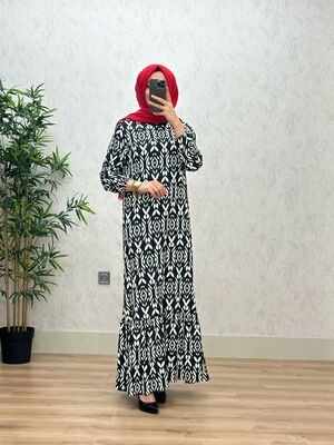 6350 IRMAK ETNİK DESEN ELBİSE K75 SİYAH