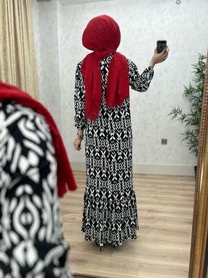 6350 IRMAK ETNİK DESEN ELBİSE K75 SİYAH